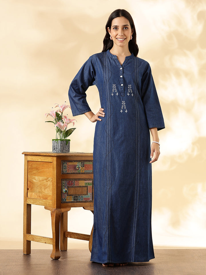 Deep Blue Denim Cozy Cotton Nighty For Women with Embroidery