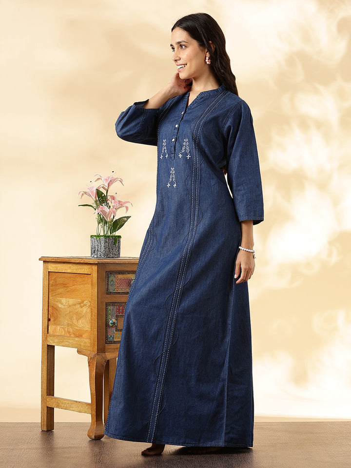 Deep Blue Denim Cozy Cotton Nighty For Women with Embroidery