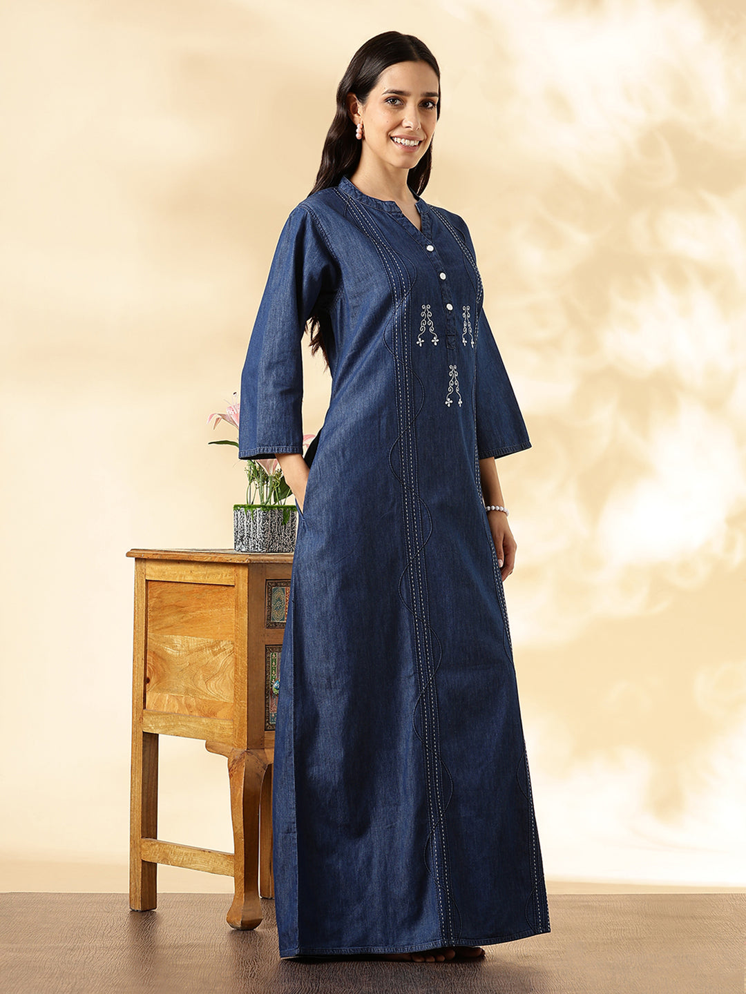 Deep Blue Denim Cozy Cotton Nighty For Women with Embroidery