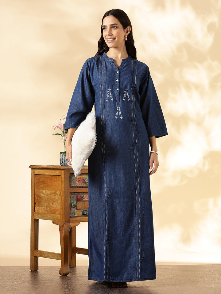 Deep Blue Denim Cozy Cotton Nighty For Women with Embroidery