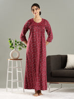Berry Cran Floral Nighty for Women with Embroidered Yoke and Pocket