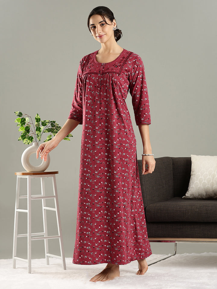 Deep Red Premium Cotton Blend Designer Nighty for Women