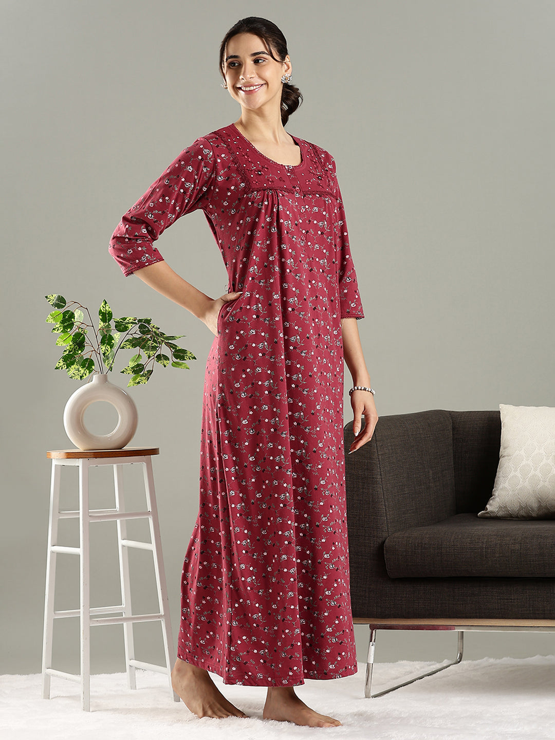 Deep Red Premium Cotton Blend Designer Nighty for Women