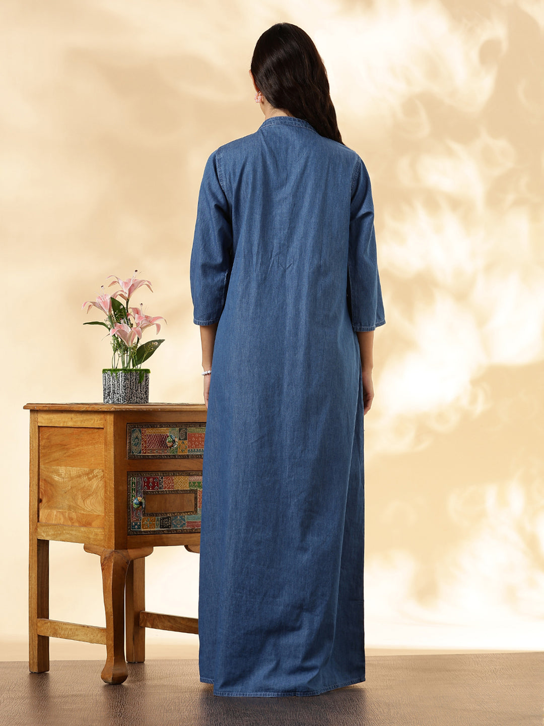 Denim Feel Pure Cotton Nightdress For Women with Pocket