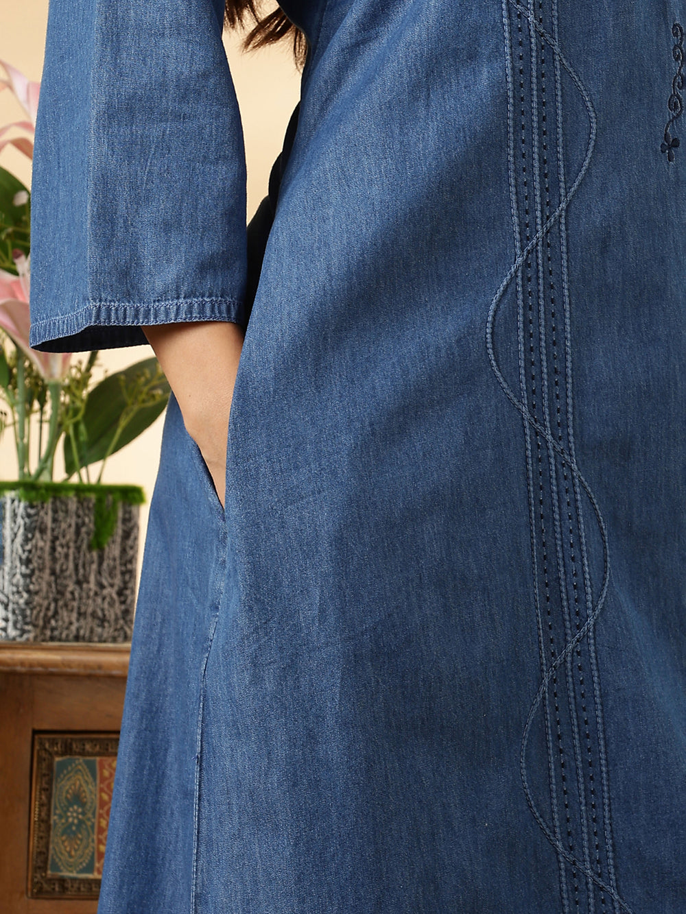 Denim Feel Pure Cotton Nightdress For Women with Pocket