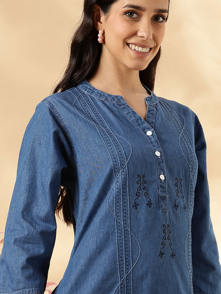 Denim Feel Pure Cotton Nightdress For Women with Pocket