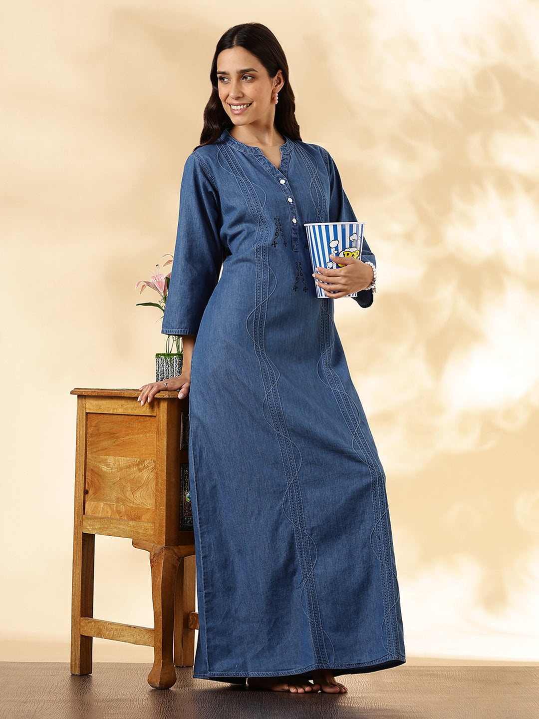 Denim Feel Pure Cotton Nightdress For Women with Pocket