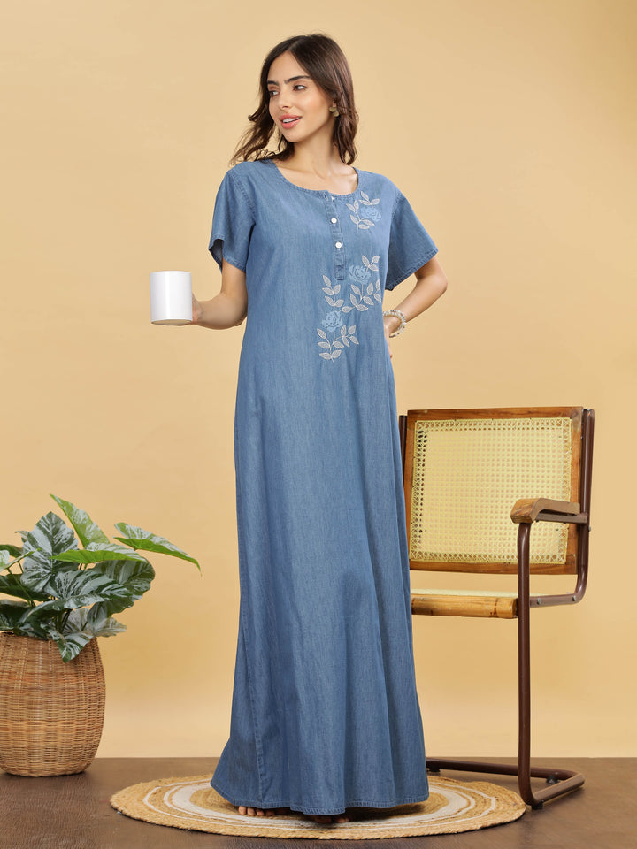 Sky Blue Embroidered Denim Cotton Maxi Nighty For Women