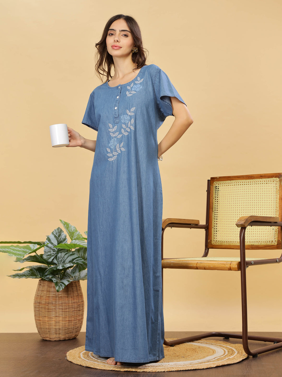 Sky Blue Embroidered Denim Cotton Maxi Nighty For Women