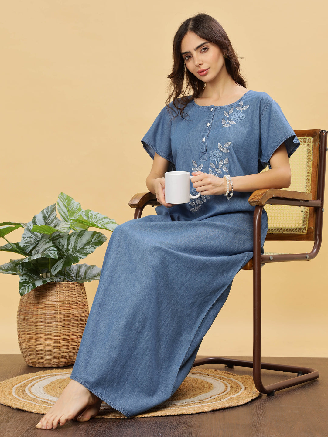 Sky Blue Embroidered Denim Cotton Maxi Nighty For Women