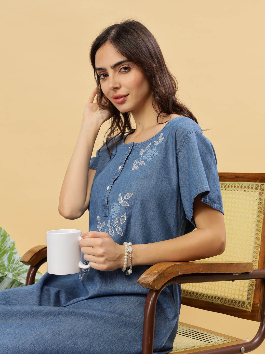 Sky Blue Embroidered Denim Cotton Maxi Nighty For Women