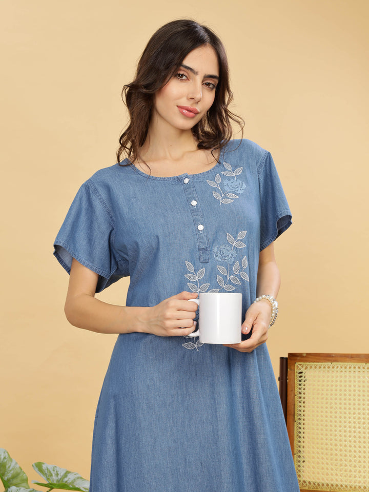 Sky Blue Embroidered Denim Cotton Maxi Nighty For Women