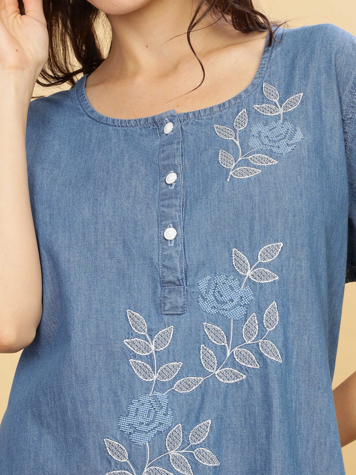 Sky Blue Embroidered Denim Cotton Maxi Nighty For Women