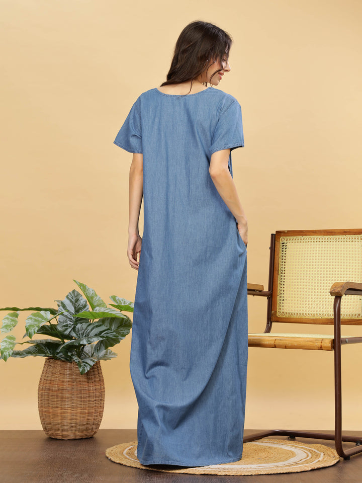 Sky Blue Embroidered Denim Cotton Maxi Nighty For Women