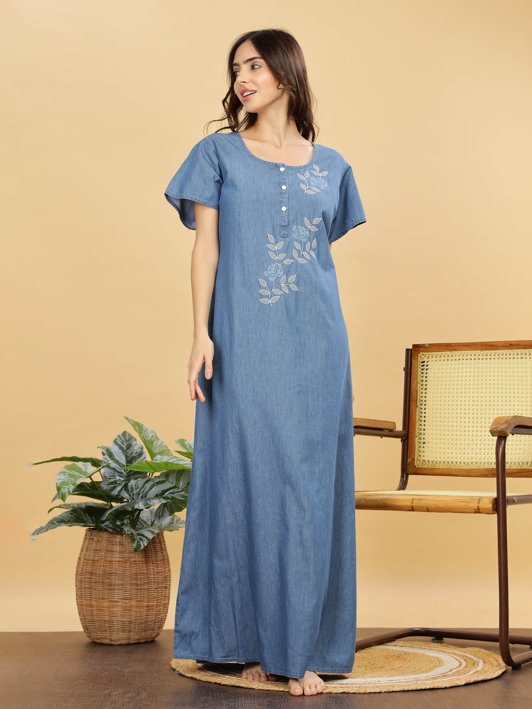 Sky Blue Embroidered Denim Cotton Maxi Nighty For Women