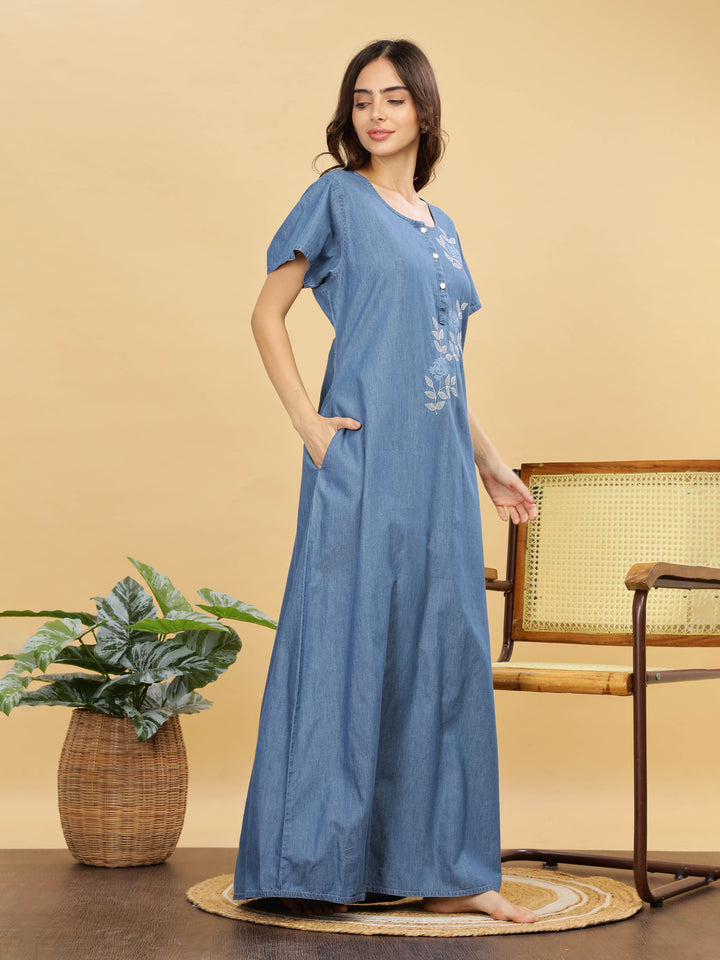 Sky Blue Embroidered Denim Cotton Maxi Nighty For Women