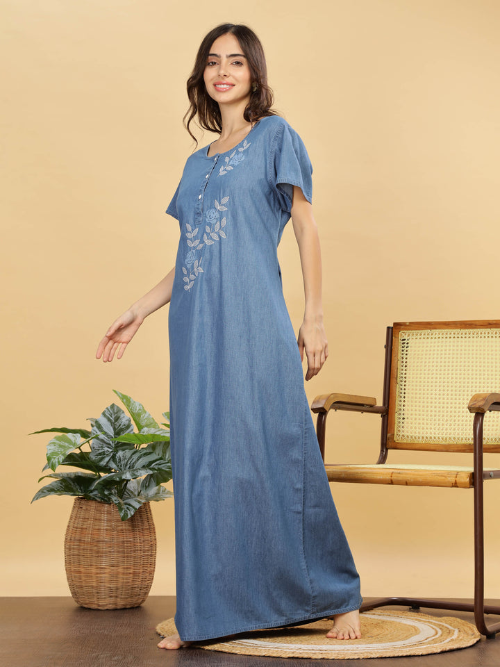 Sky Blue Embroidered Denim Cotton Maxi Nighty For Women