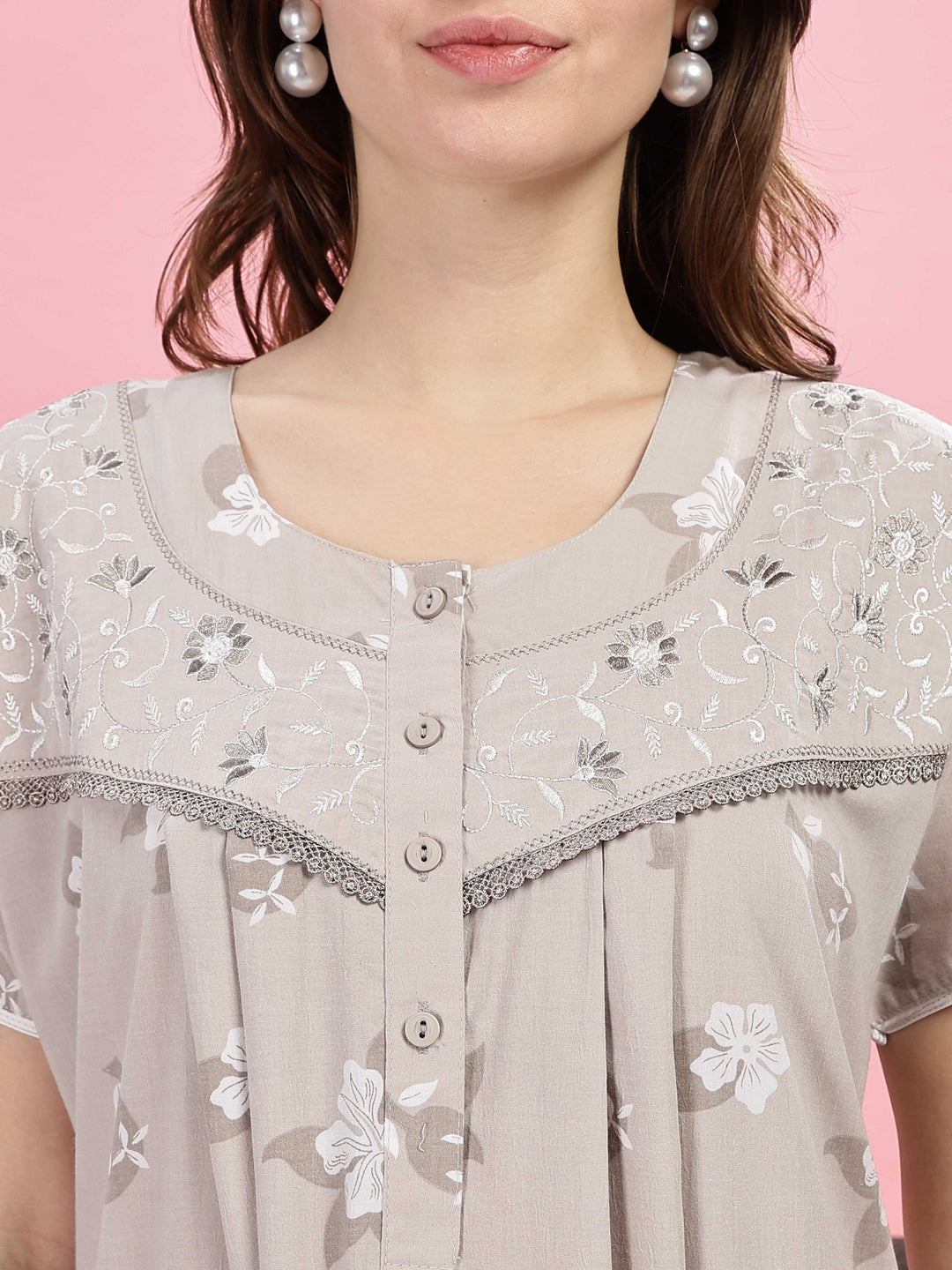 Beige Embroidered Yoke Premium Night Wear For Women 