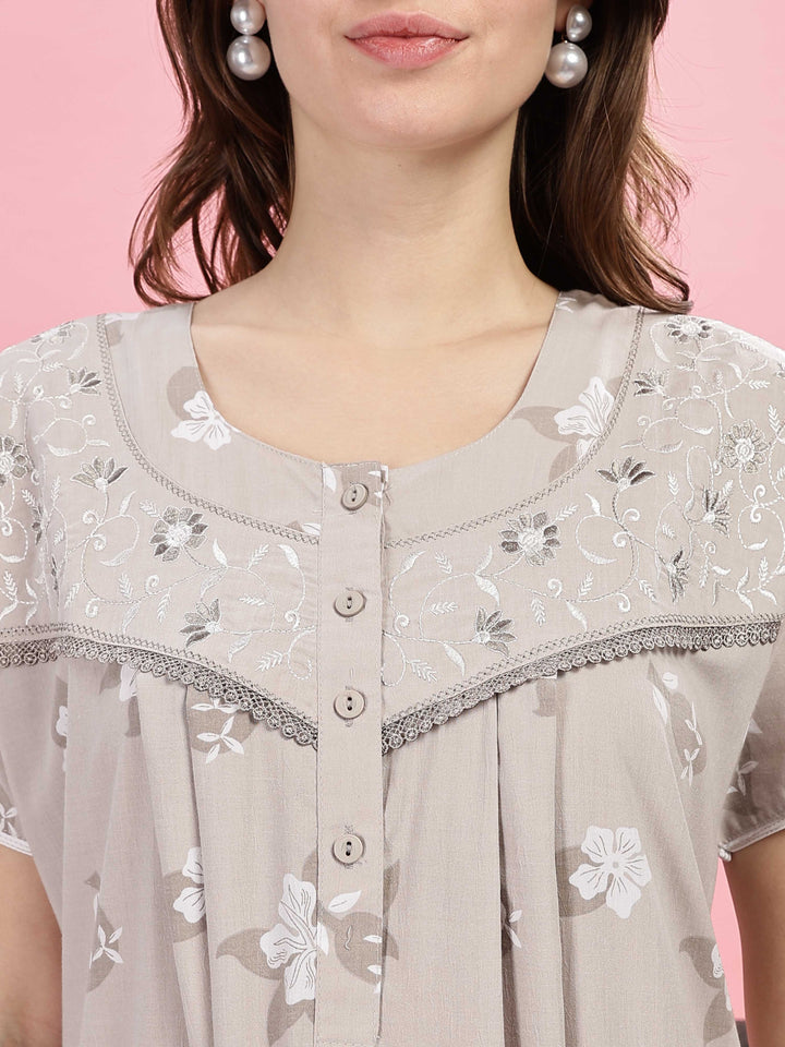 Beige Embroidered Yoke Premium Night Wear For Women 