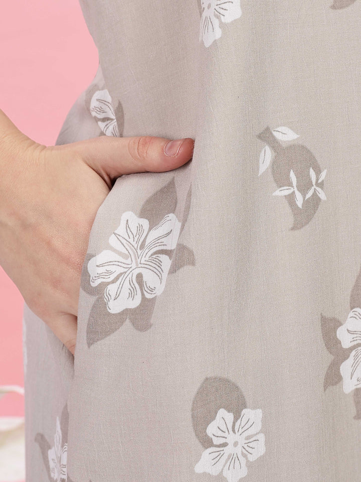 Beige Embroidered Yoke Premium Night Wear For Women 