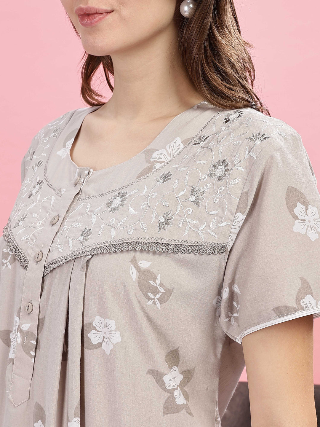 Beige Embroidered Yoke Premium Night Wear For Women 