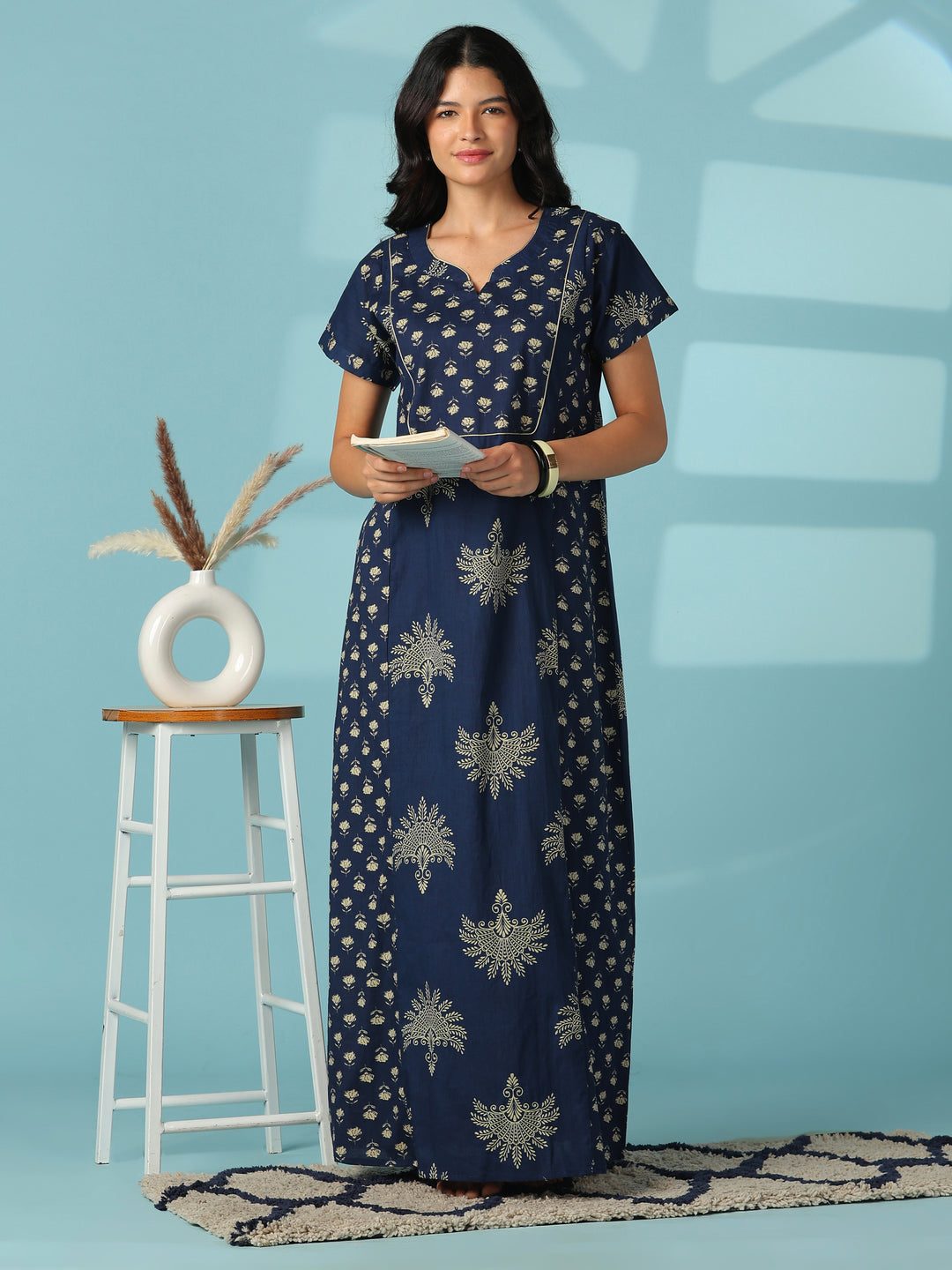 Elegant Pure Cotton Jaipuri Nighty with Relaxed A Line Fit