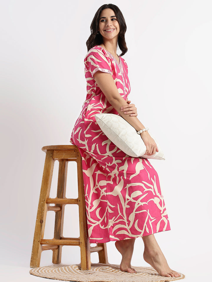 Flamingo Bloom Pure Cotton Leaf Print Nighty for Women