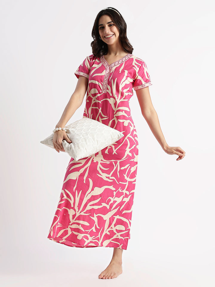 Flamingo Bloom Pure Cotton Leaf Print Nighty for Women