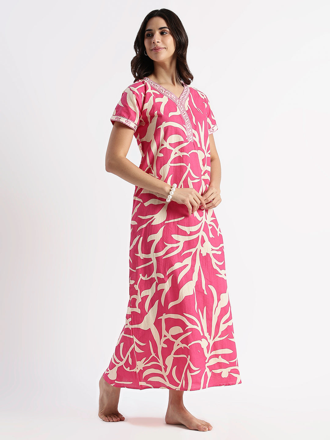 Flamingo Bloom Pure Cotton Leaf Print Nighty for Women