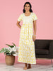 Pollen Yellow Pure Cotton Jaipuri Nighty with Embroidered Yoke