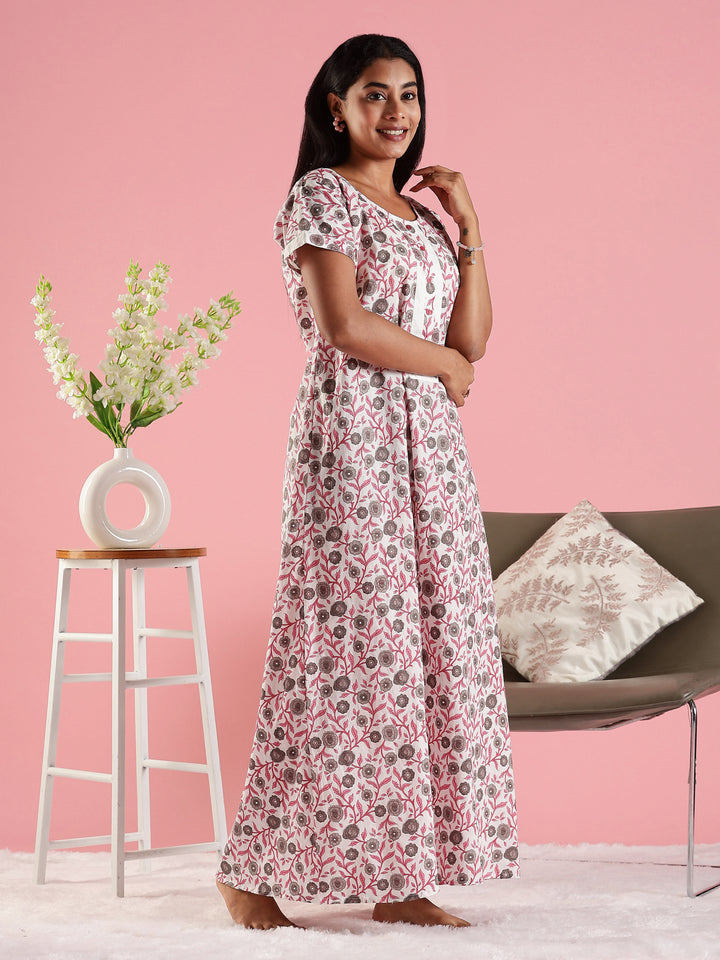 Floral Cream Decorative Front Cotton Nighty for Women