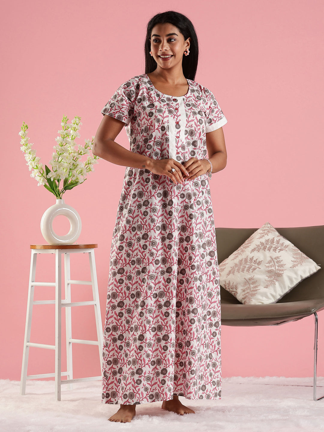 Floral Cream Decorative Front Cotton Nighty for Women