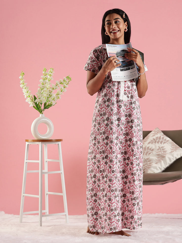 Floral Cream Decorative Front Cotton Nighty for Women