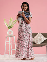 Floral Cotton Nighty for Women with Front Yoke Panel
