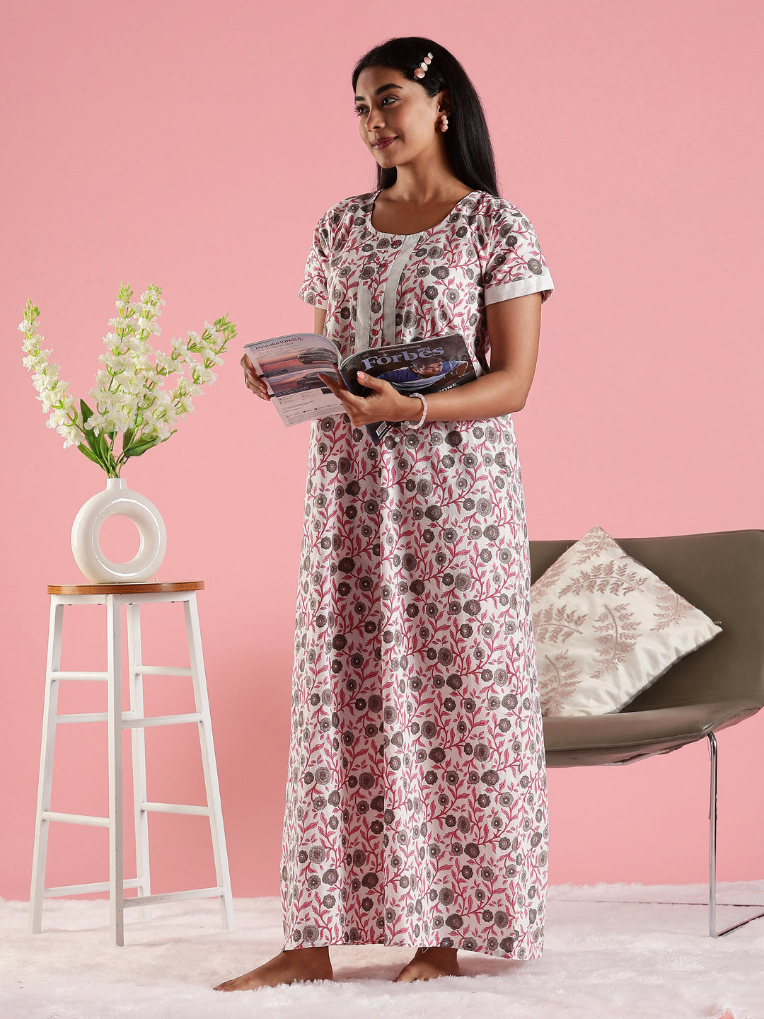 Floral Cream Decorative Front Cotton Nighty for Women