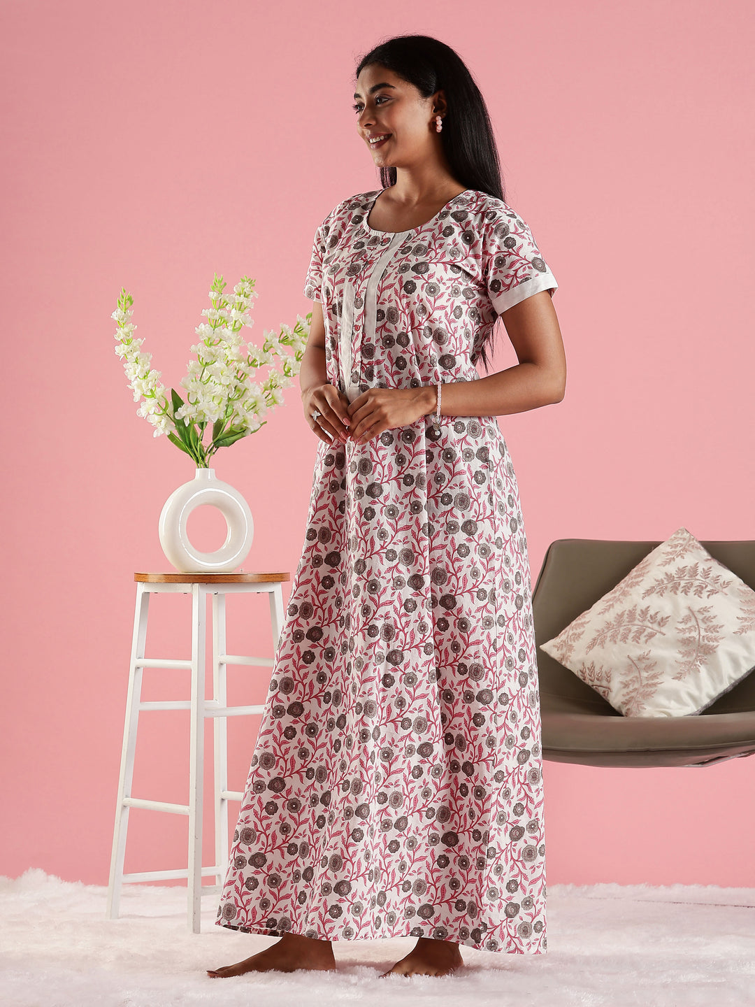 Floral Cream Decorative Front Cotton Nighty for Women