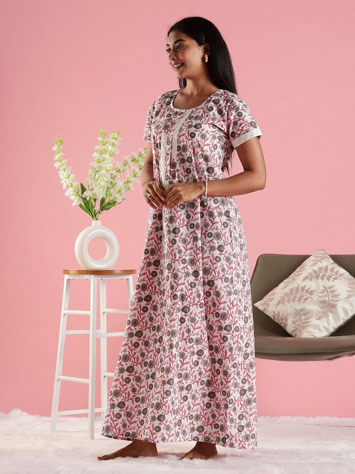 Floral Cream Decorative Front Cotton Nighty for Women