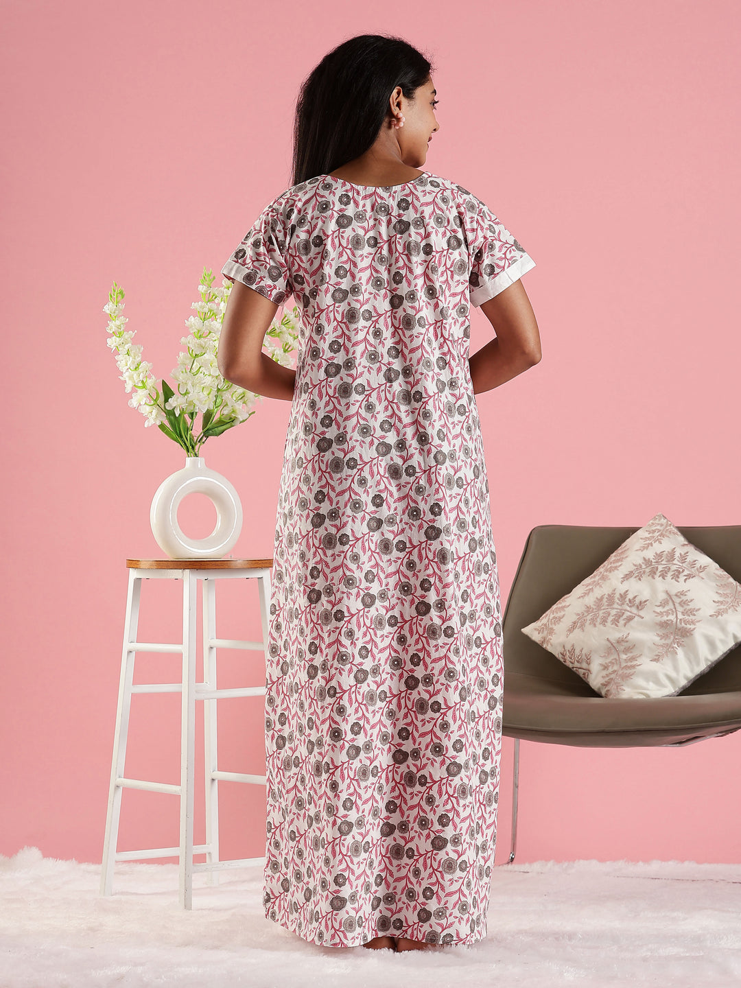 Floral Cream Decorative Front Cotton Nighty for Women