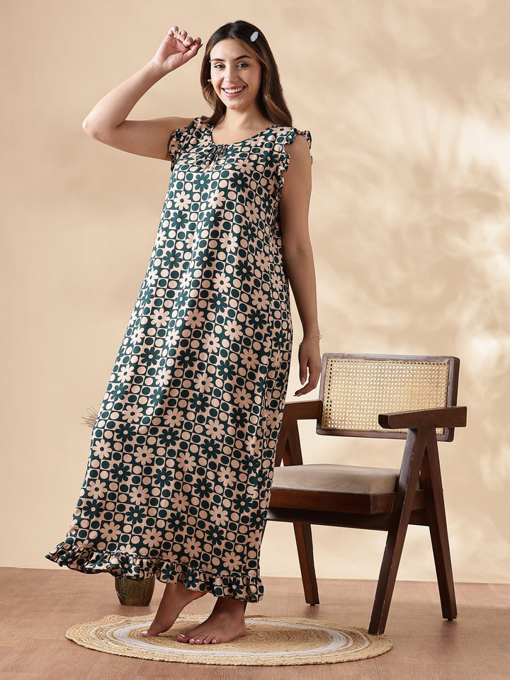 Floral Forest Peach Sleeveless Nighty for Women In Rayon