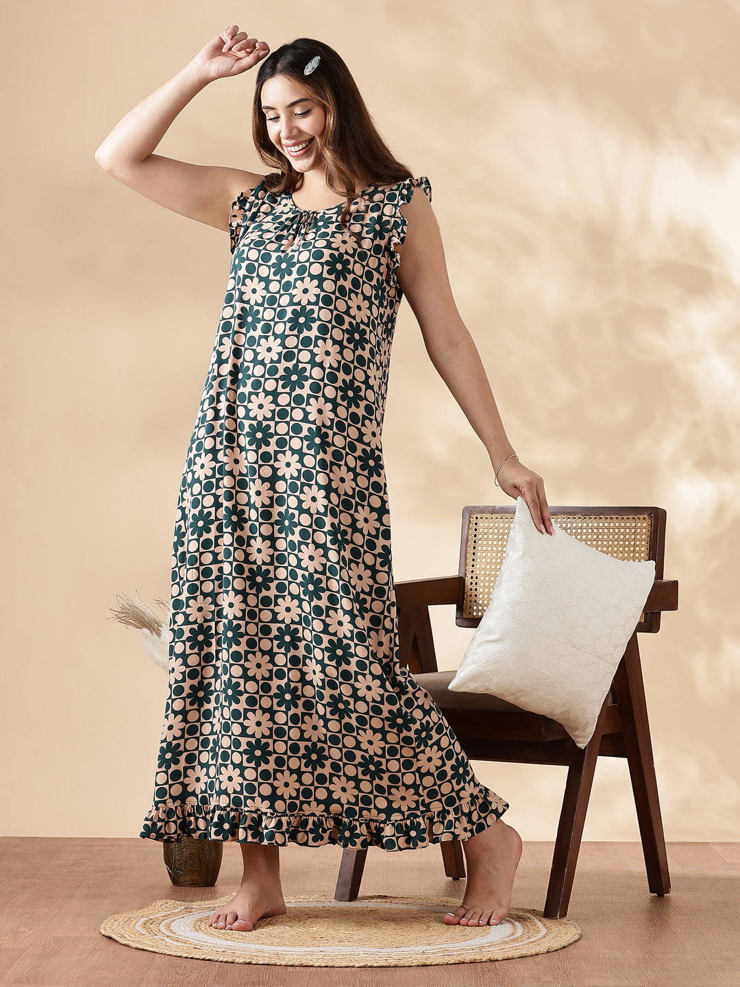 Floral Forest Peach Sleeveless Nighty for Women In Rayon