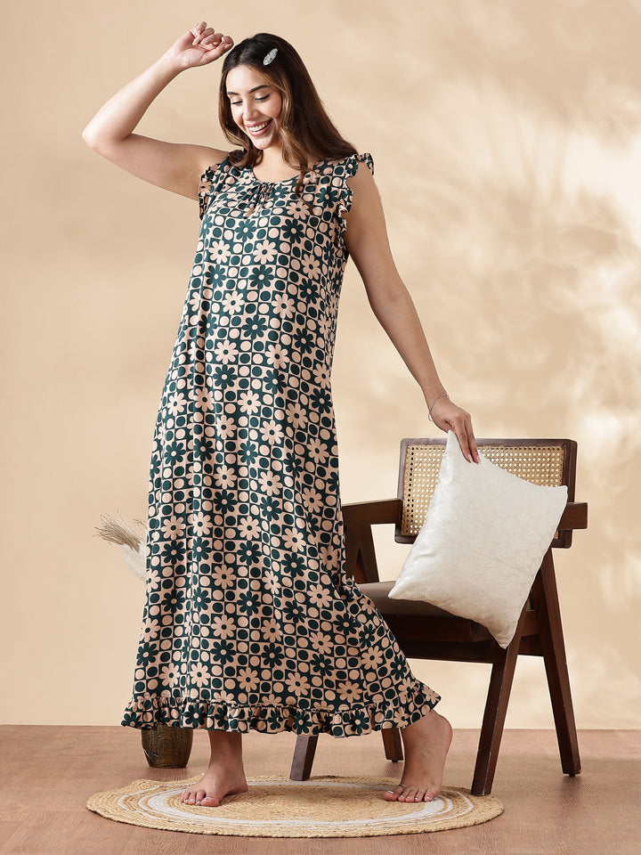 Floral Forest Peach Sleeveless Nighty for Women In Rayon