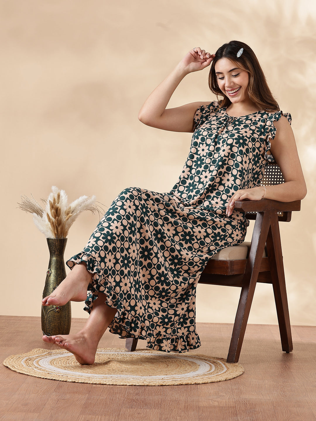 Floral Forest Peach Sleeveless Nighty for Women In Rayon