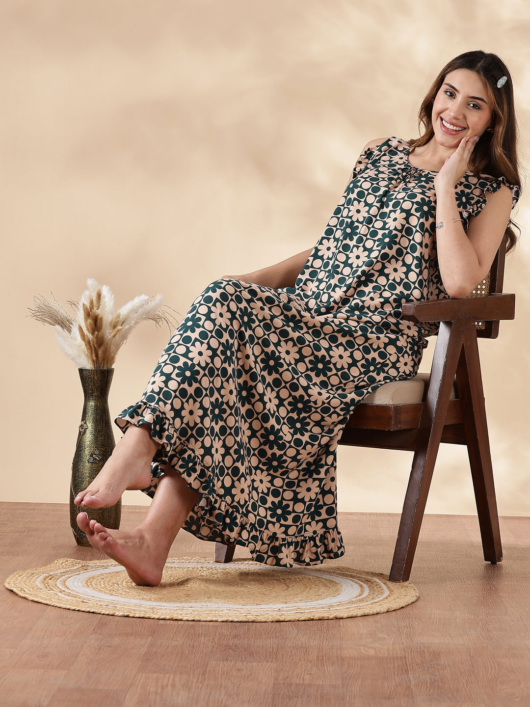 Floral Forest Peach Sleeveless Nighty for Women In Rayon