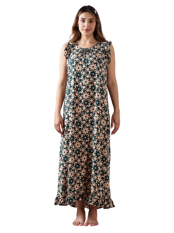 Floral Forest Peach Sleeveless Nighty for Women In Rayon