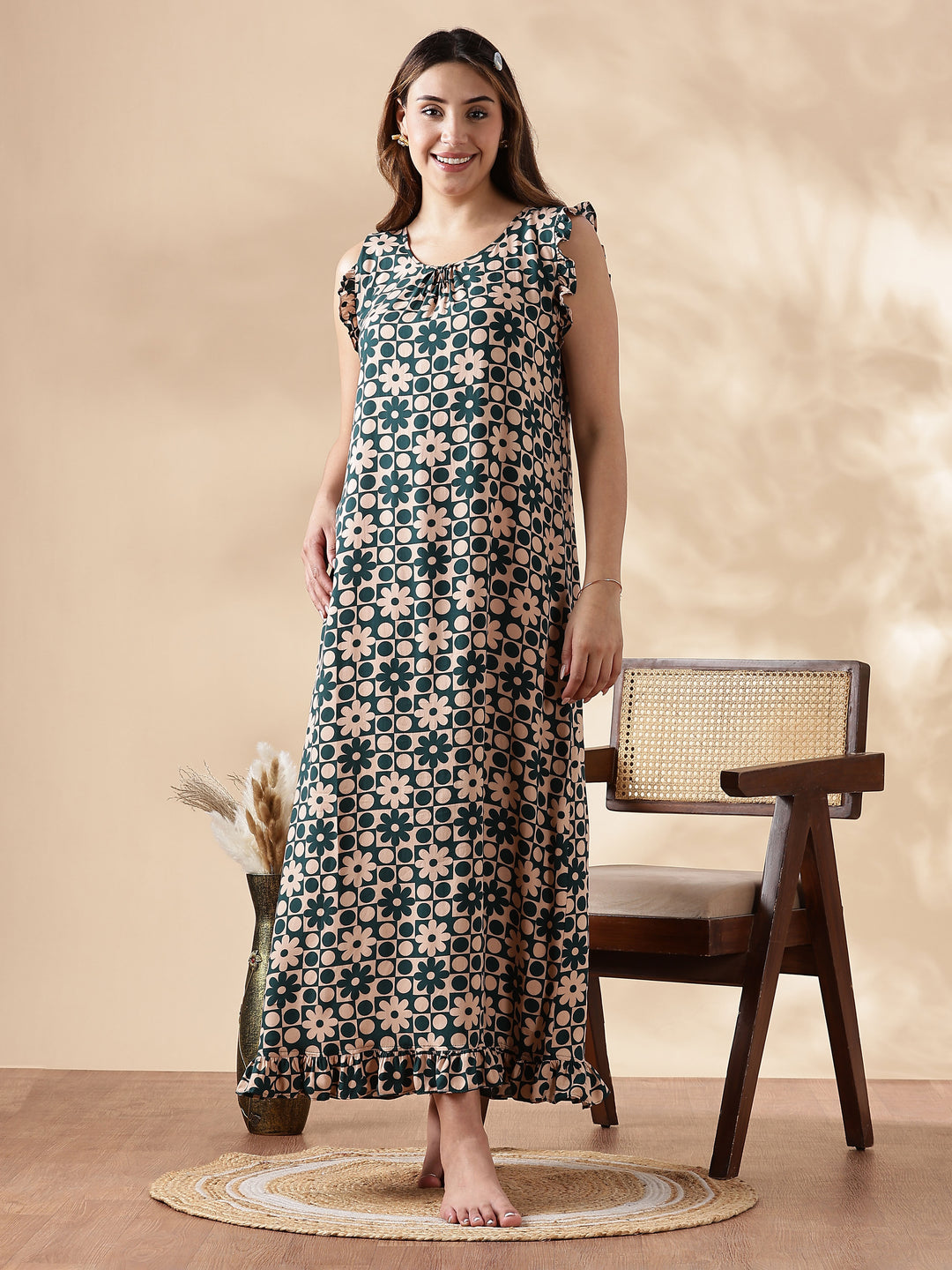 Floral Forest Peach Sleeveless Nighty for Women In Rayon