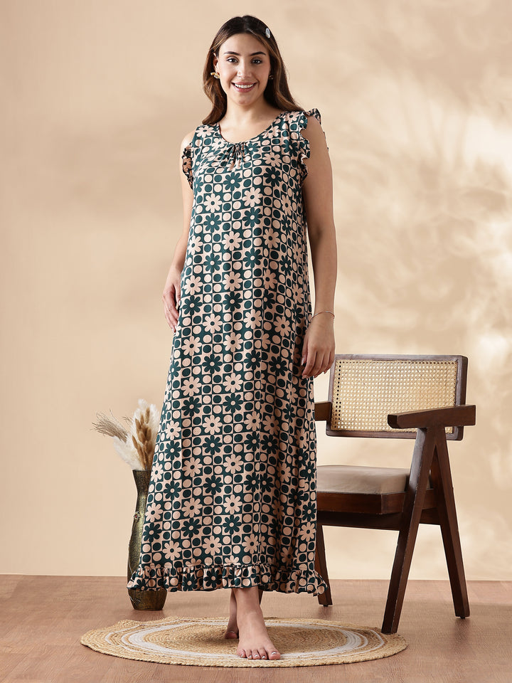 Floral Forest Peach Sleeveless Nighty for Women In Rayon