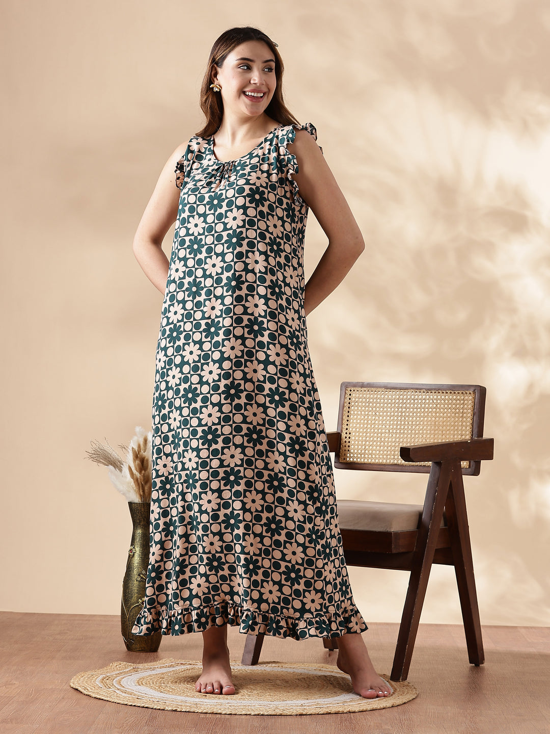 Floral Forest Peach Sleeveless Nighty for Women In Rayon