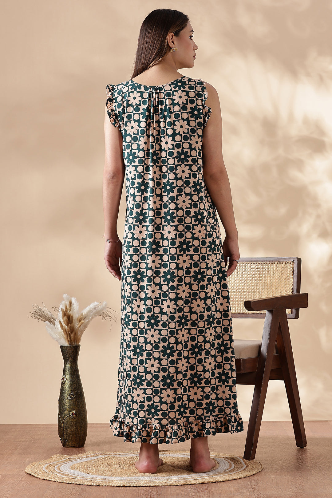 Floral Forest Peach Sleeveless Nighty for Women In Rayon