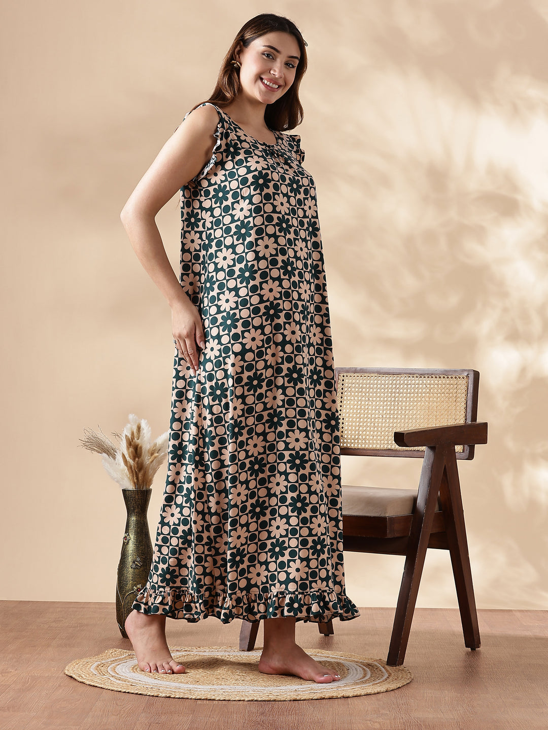 Floral Forest Peach Sleeveless Nighty for Women In Rayon