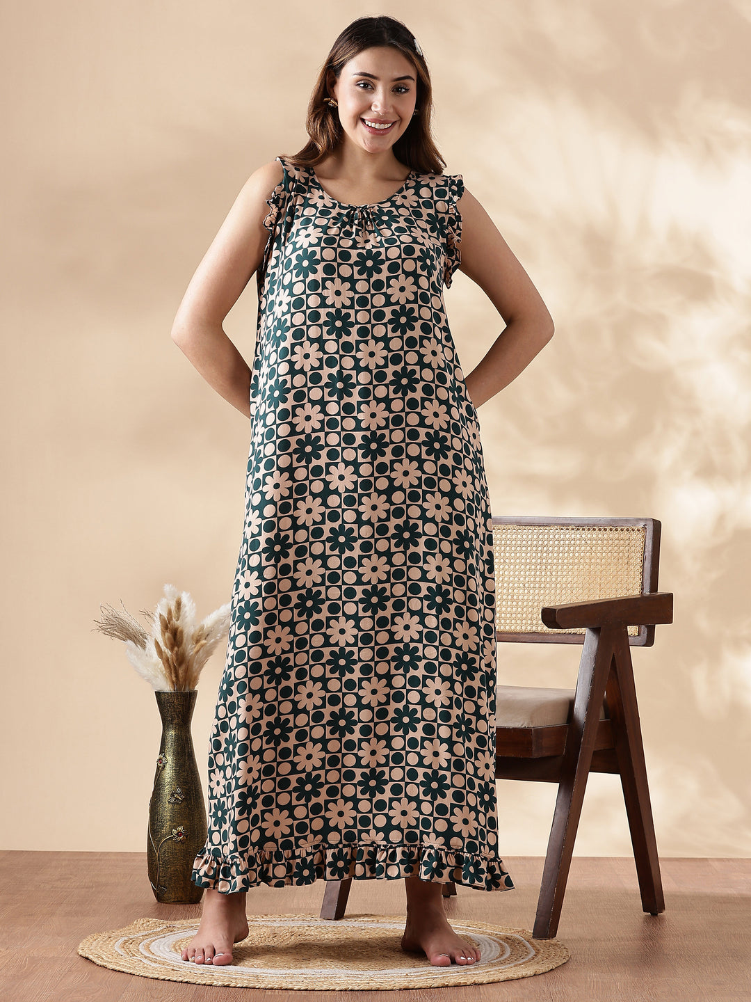 Floral Forest Peach Sleeveless Nighty for Women In Rayon